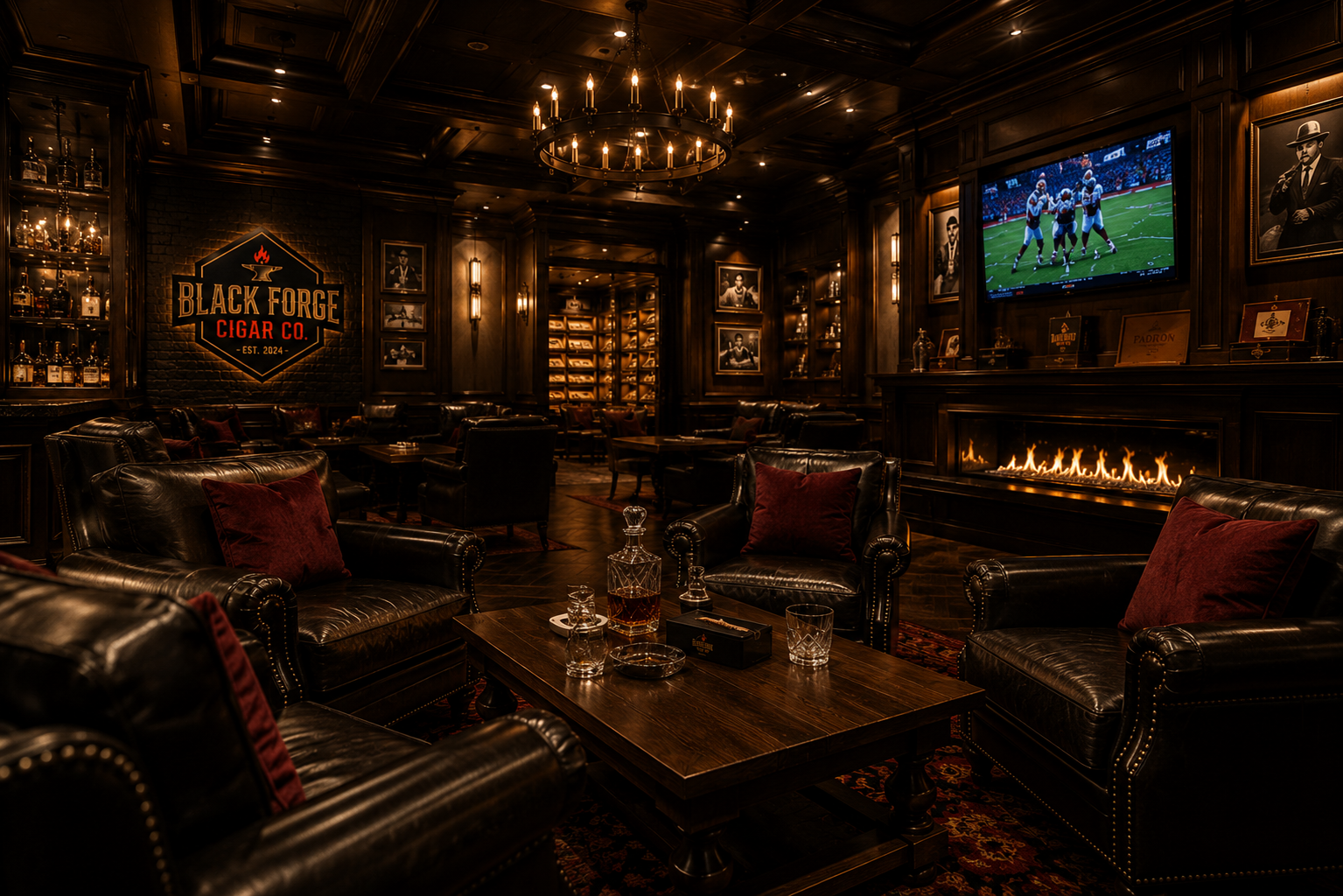 Leather seating area inside Black Forge Cigar Co.