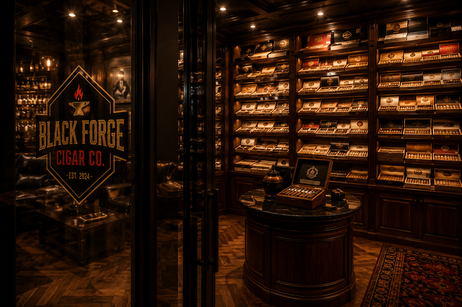 Inside the Black Forge walk-in humidor with premium cigar displays