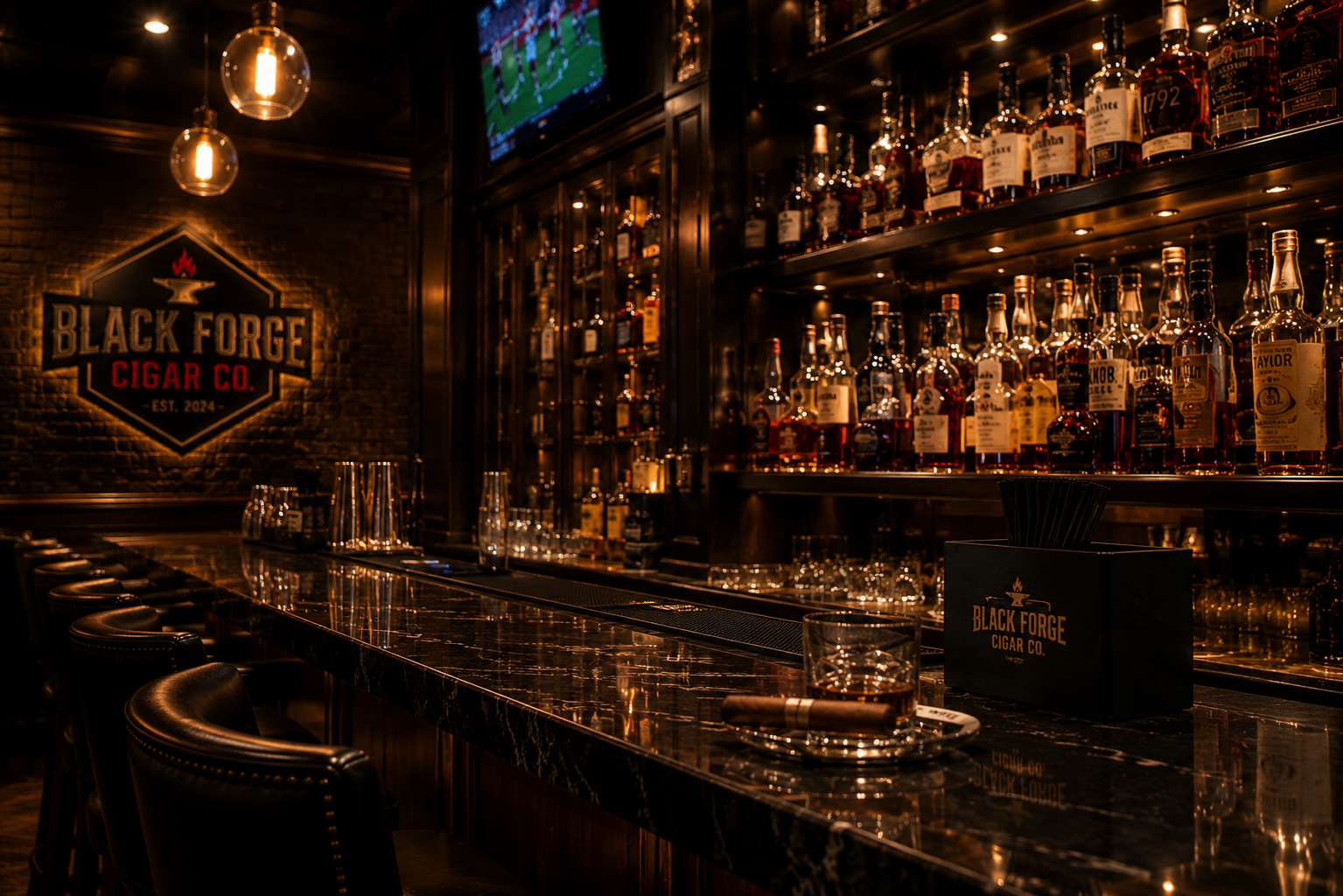 Close-up of the Black Forge bar with whiskey bottles and cigar service