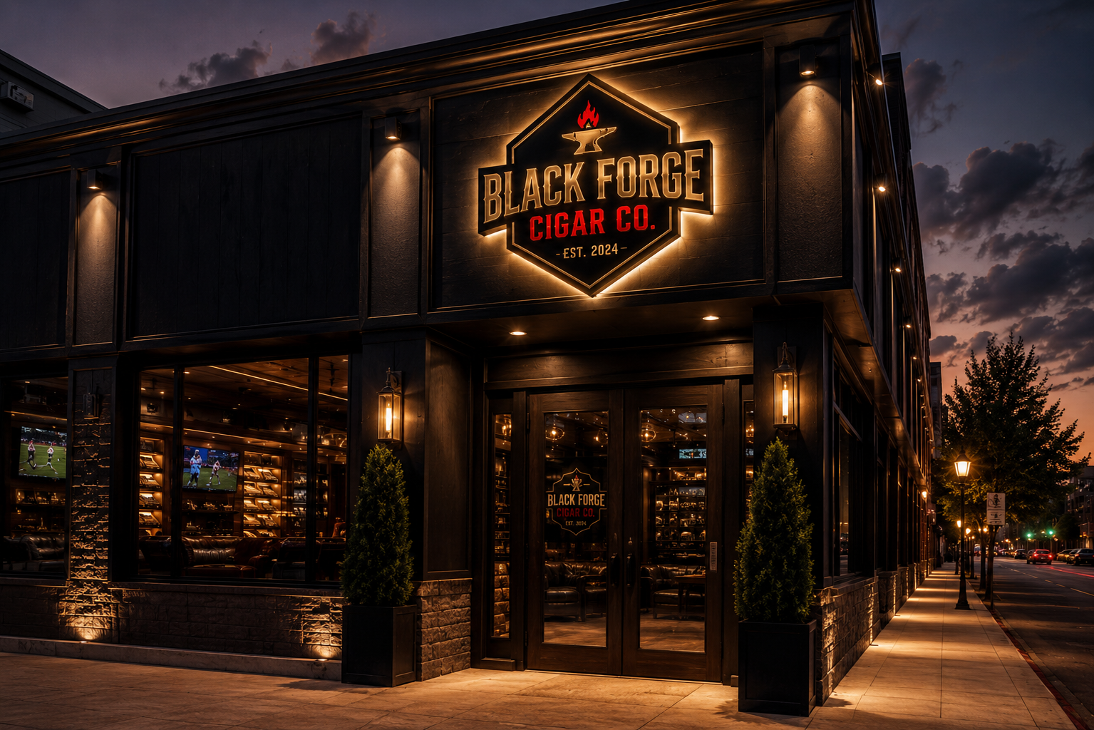 Black Forge Cigar Co. exterior at dusk with illuminated signage